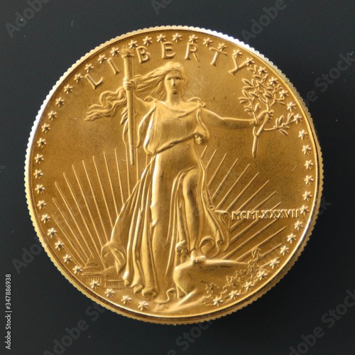 Closeup of the famous 1oz 50 Dollars Gold American Eagle bullion collection coin. Year 1987