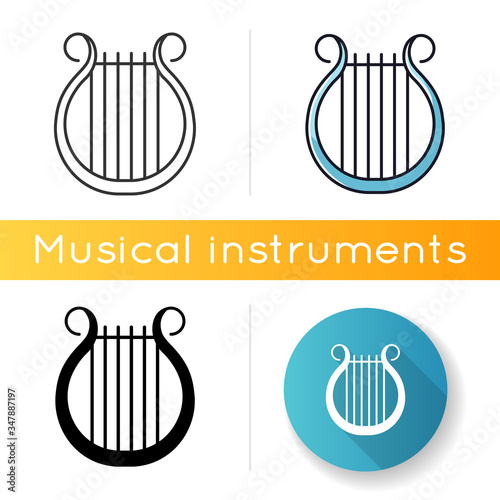 Lyra icon. Classical music. Orchestra string musical instrument. Opera performance. Greek muse symbol. Theater and culture. Folk music. Linear black and RGB color styles. Isolated vector illustrations
