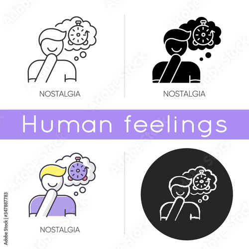 Nostalgia icon. Positive mood. Man feeling sentimental. Person reflecting on past times. Remember with smile. Emotional intelligence. Linear black and RGB color styles. Isolated vector illustrations
