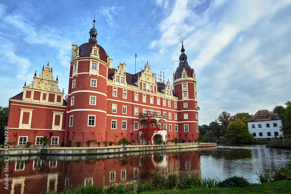 Moat, New Castle and Old Castle in the park Muskauer in Germany.