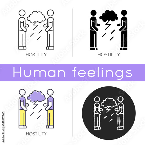 Hostility icon. Aggressive behaviour. Dispute with offended man. Disgust toward enemy. Tense relationship. Psychological issue. Linear black and RGB color styles. Isolated vector illustrations