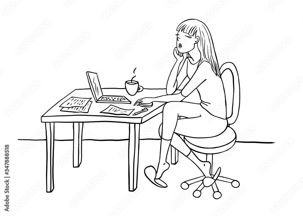 Young lady sleeping at the desk at her workplace. Working from home. Table with laptop. Black and white cartoon illustration isolated on a white background. Young lady sleeping at the desk at her workplace. Working from home. Table with laptop. Black and white cartoon illustration isolated on a white background.