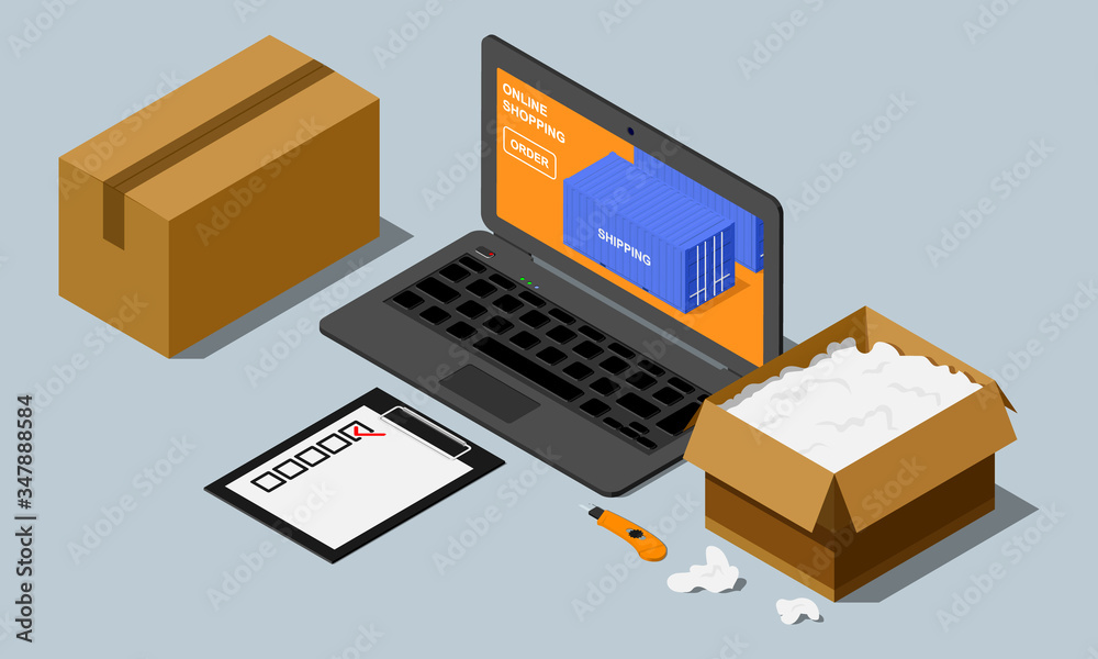 Online shopping isometric vector illustration. Goods ordering and delivery concept. Online shopping isometric vector illustration. Goods ordering and delivery concept.