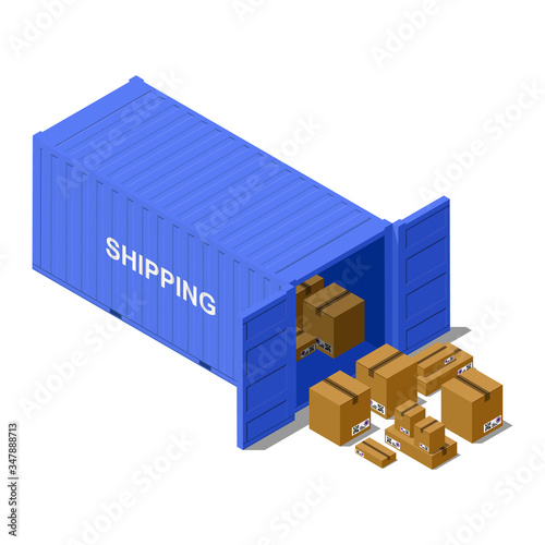 Isometric open blue shipping container with cardboard boxes flat vector illustration isolated on white background.