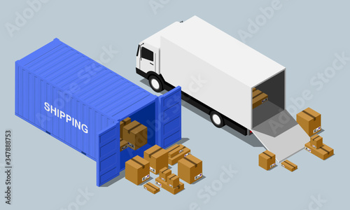 Loading and unloading ordered goods. Isometric truck and open blue shipping container with cardboard boxes flat vector illustration.