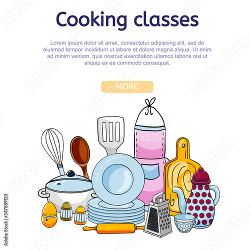 A square template for a website with illustrations on the theme of kitchen and cooking. Composition of dishes, utensils, cutlery and objects. Banner for the design of the culinary class or courses.