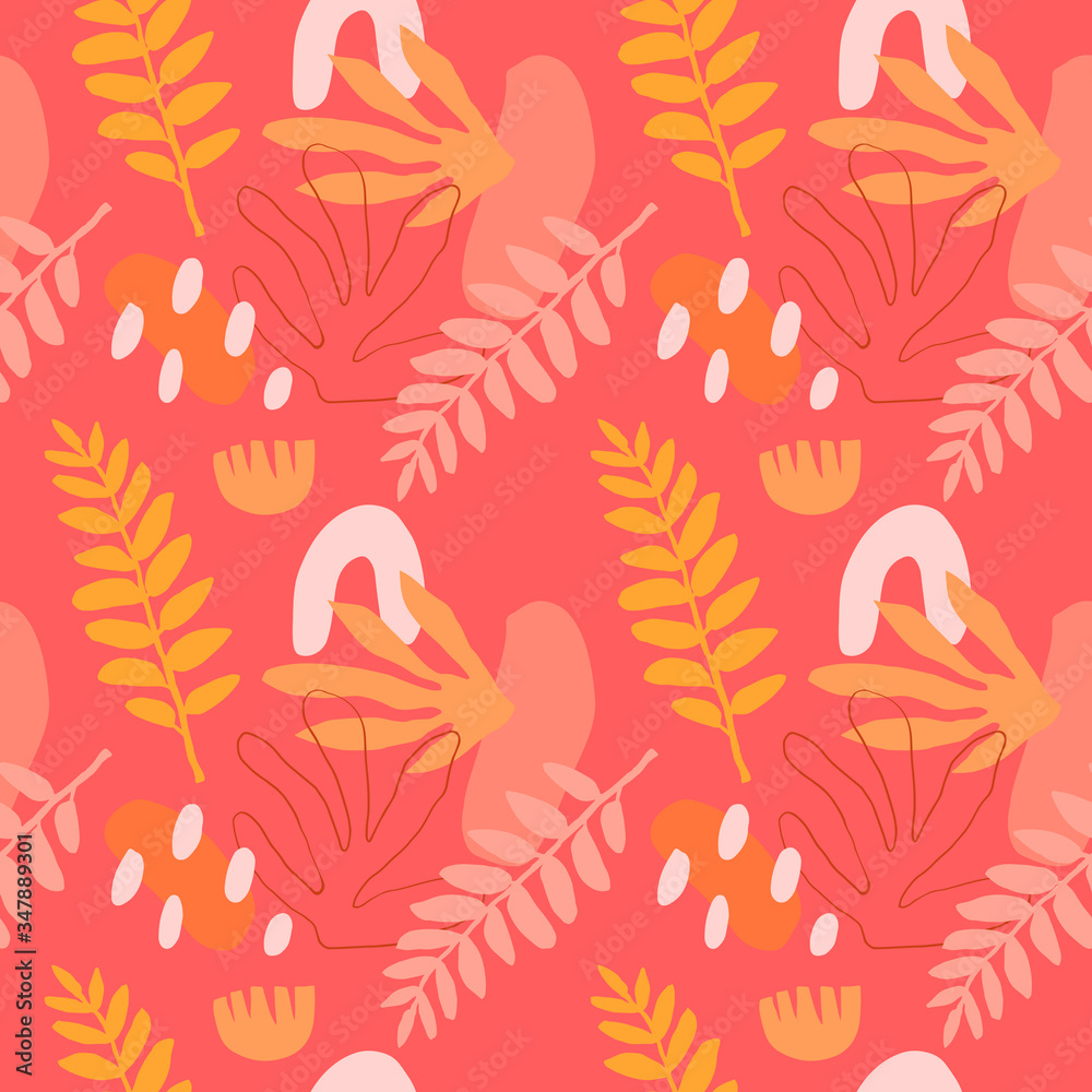 Modern seamless pattern with plants and abstract design elements. Collage style colorful background. Vector Modern seamless pattern with plants and abstract design elements. Collage style colorful background. Vector
