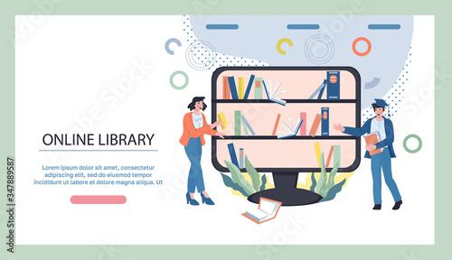 Online library and online bookstore banner with people receiving books from bookshelves. Electronic library and distance learning courses landing page. Flat vector illustration.
