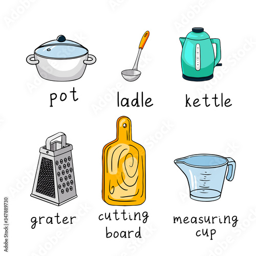 Hand drawn colorful cute cartoon vector illustration. Set of kitchen objects and tools as: pot, ladle, kettle, grater, cutting board, measuring cup.