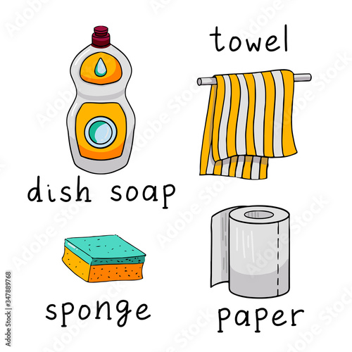 Hand drawn  colorful cute cartoon vector illustration. Set of kitchen objects and tools as: dish detergent or soap, towel, sponge, paper .