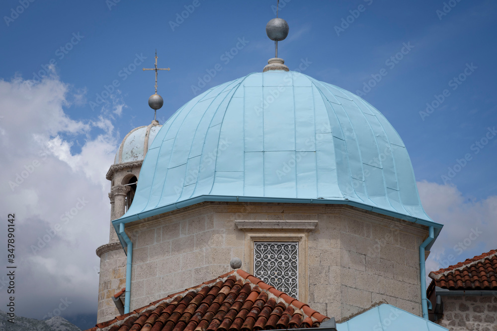 Dome of the Church on the island of Our Lady of the Rock, in the bay of Kotor in the Adriatic, Montenegro, Europe.