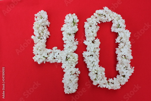 The number 40 is written in white lilac flowers on a red background. The number forty is written in fresh flowers, isolated on red. Arabic numeral lined with flowers.