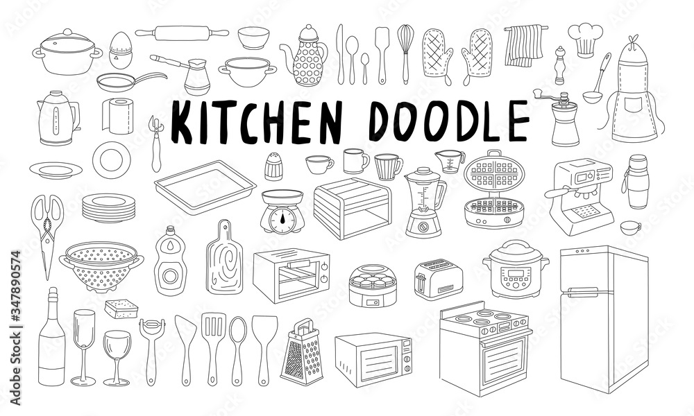 Big set of doodle elements on the theme of food, kitchen and cooking. A variety of utensils, tools, household appliances, dishes, cutlery for design in a linear style isolated on white background.