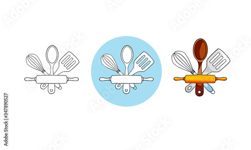 Emblem with isolated objects rolling pin, whisk, spatula and spoon in a linear and color style for design. Set of vector logo illustrations for cafe, bakery, cooking courses and classes.