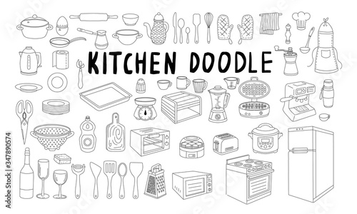 Big set of doodle elements on the theme of food, kitchen and cooking. A variety of utensils, tools, household appliances, dishes, cutlery for design in a linear style isolated on white background.