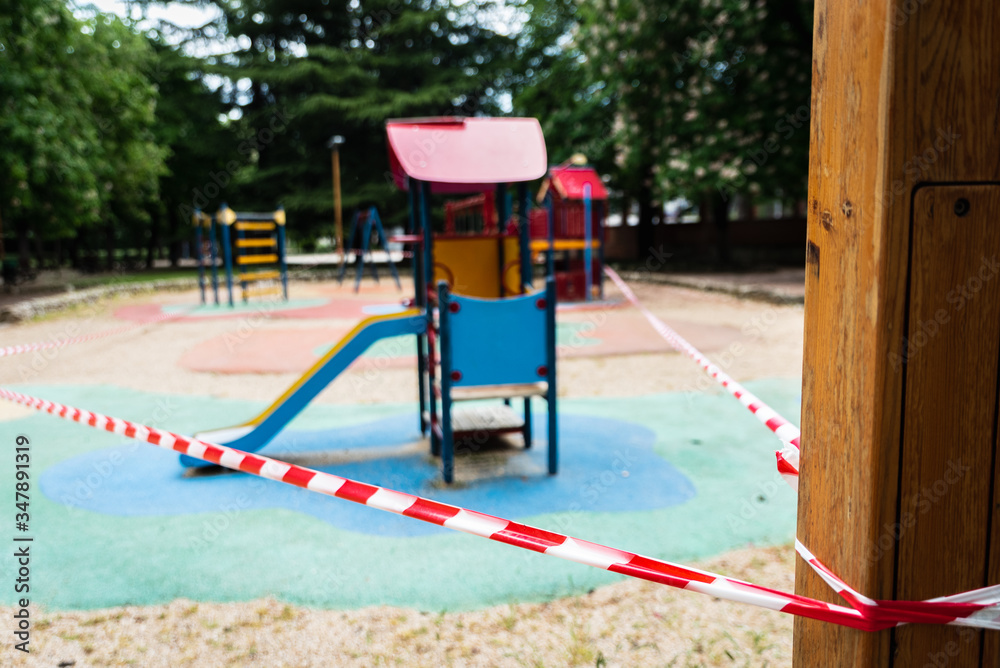 closed and empty children playgrounds in Spain because of coronavirus, covid-19, crisis, phase 1 closed and empty children playgrounds in Spain because of coronavirus, covid-19, crisis, phase 1