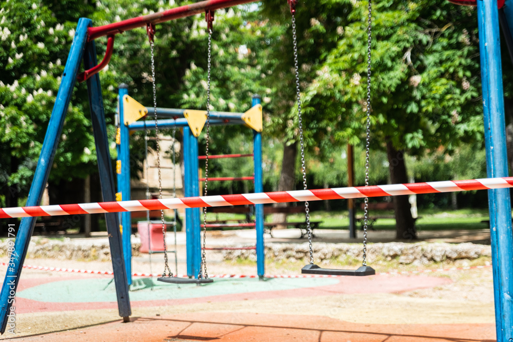 closed and empty children playgrounds in Spain because of coronavirus, covid-19, crisis, phase 1