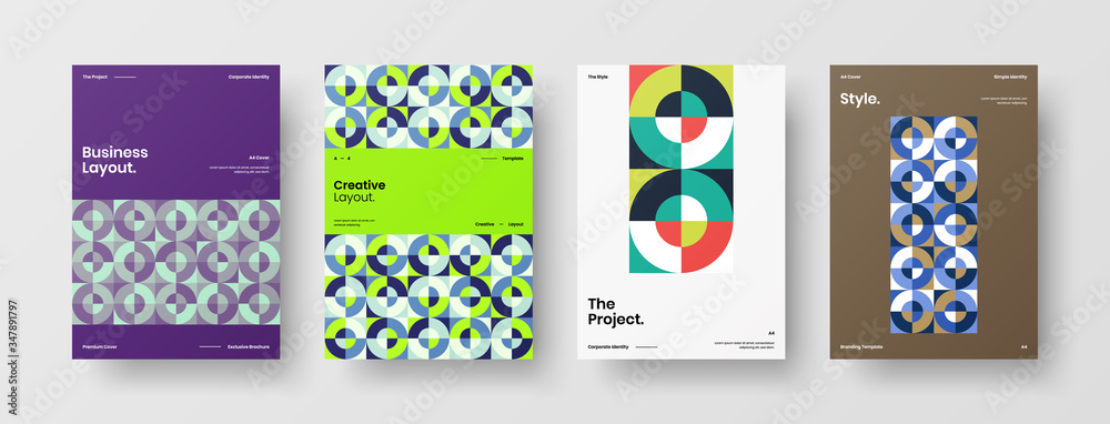 Company identity brochure template collection. Business presentation vector A4 vertical orientation front page mock up set. Corporate report cover abstract geometric illustration design layout bundle.