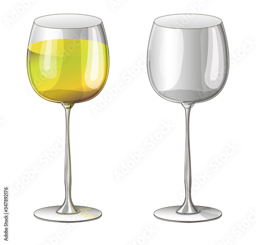 Stock vector illustration. Set. Two glasses - one empty transparent and a glass with white wine drawn on a white background