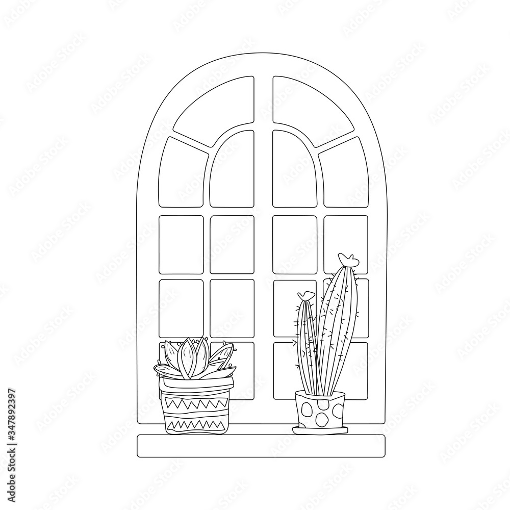 Fototapeta premium A pair of cactus in a pot on the window black and white icon