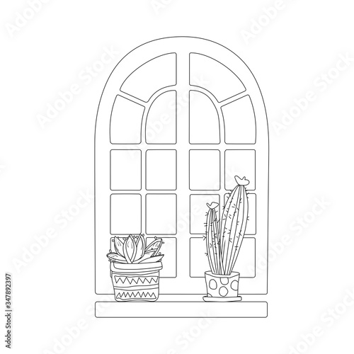 A pair of cactus in a pot on the window black and white icon