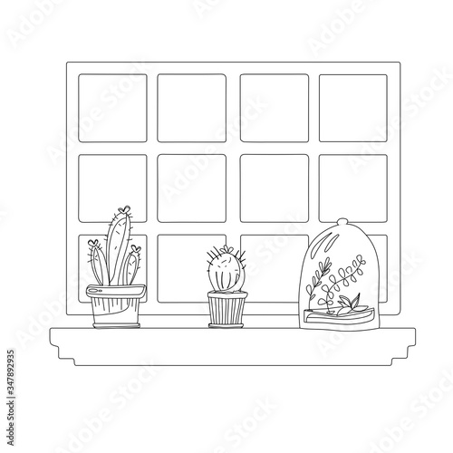 Three cactus in a pot on the window black and white icon