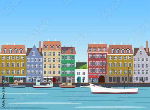 Colorful facades of old houses in a North Europe fishing village, 