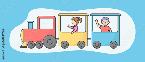 Attractions Park Concept. Happy Children Boy And Girl Ride Train Or Roller coaster In Entertainment Park. Kids Spending Time At Amusement Park. Cartoon Linear Outline Flat Style. Vector Illustration
