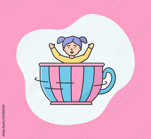 Attractions Park Concept. Happy Girl Ride Carousel In Entertainment Park. Kid Spending Time At Amusement Park, Riding In Big Cup With Hands Up. Cartoon Linear Outline Flat Style. Vector Illustration