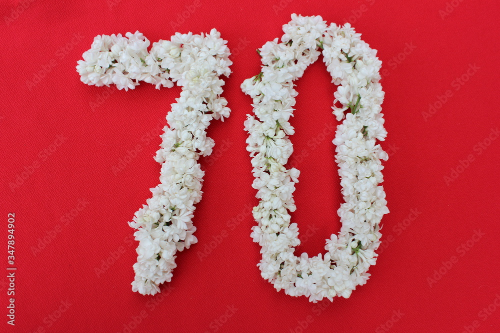 The number 70 is written in white lilac flowers on a red background. The number seventy is written in fresh flowers, isolated on red. Arabic numeral lined with flowers.