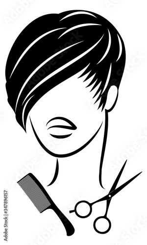Silhouette of a cute lady. The girl shows a hairstyle on medium and long hair and scissors. Suitable for logo, hairdresser advertising. Vector illustration