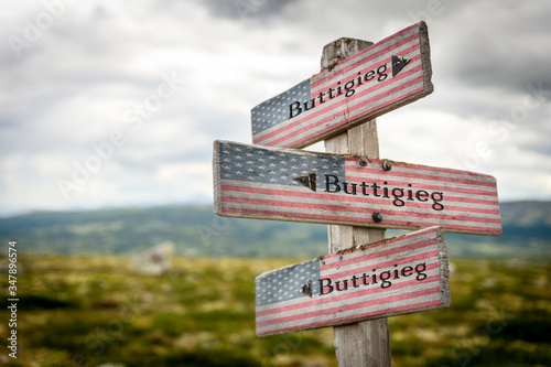 Buttigieg text on wooden american flag signpost outdoors in nature. © Jon Anders Wiken
