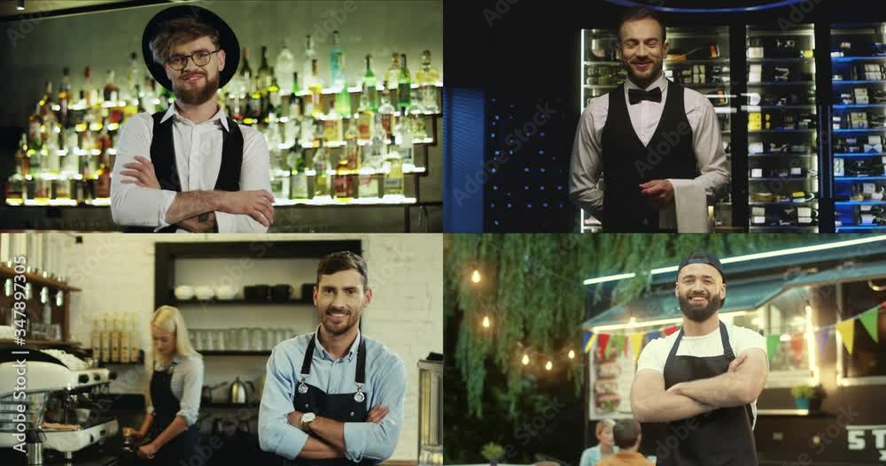 Collage of different Caucasian male employees at work. Handsome barkeeper in restaurant. Classy male sommelier at workplace. Male and female baristas in cafe. Waiter standing in front of food truck