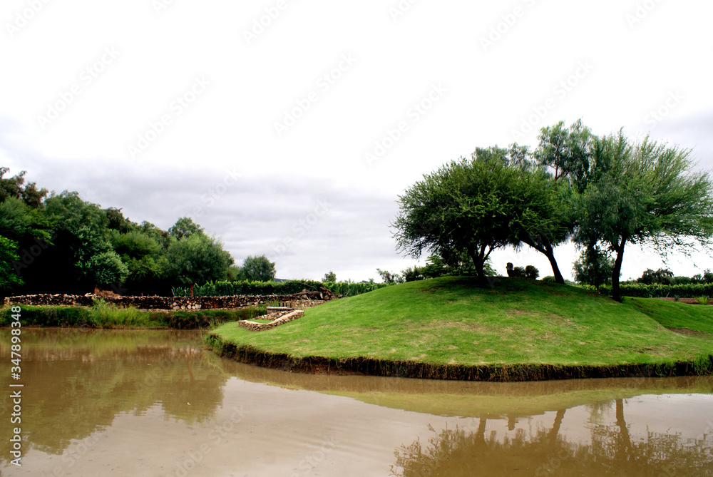 Isla en una laguna dentro de un viñedo familiar en Tarija