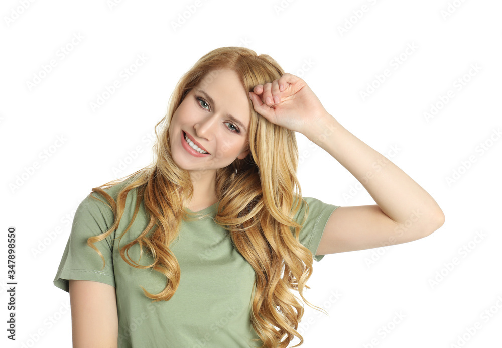 Portrait of beautiful young woman with dyed long hair on white background