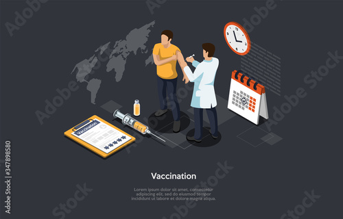 Isometric 3D Concept Of Vaccination Of Population Of Coronavirus, Immunity Protection, Infection Prevention. Man Doctor Make Vaccine A Patient To Prevent Virus Infection. Cartoon Vector Illustration