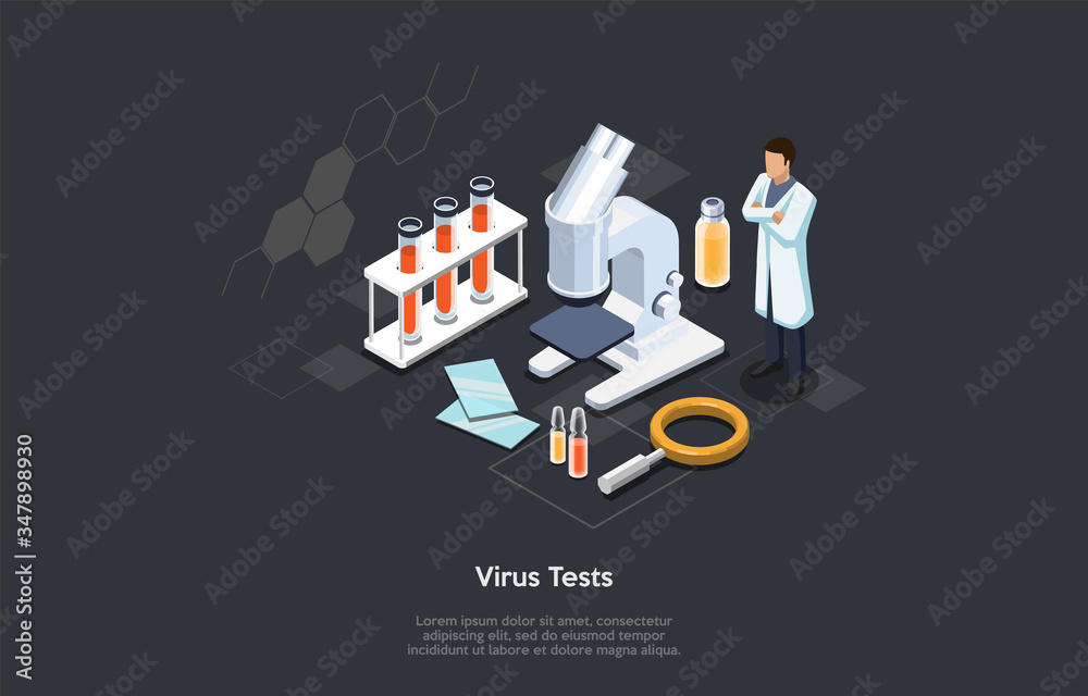 Isometric 3D Concept Of Virus And Blood Tests. Scientist Making Laboratory Research And Tests Of Virus To Make A Vaccine. Science Experiment With Professional Equipment. Cartoon Vector Illustration Isometric 3D Concept Of Virus And Blood Tests. Scientist Making Laboratory Research And Tests Of Virus To Make A Vaccine. Science Experiment With Professional Equipment. Cartoon Vector Illustration