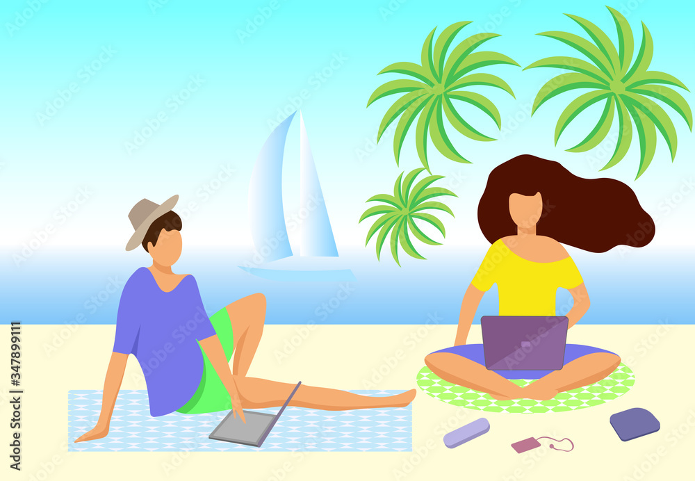 Vector illustration young people spend time on the beach working on a laptop