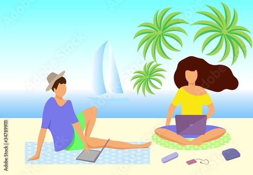 Vector illustration young people spend time on the beach working on a laptop © Pablozz