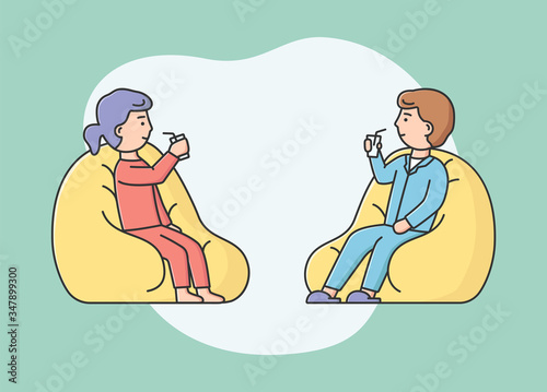 Concept Of Togetherness Leisure. Man And Woman Spending Time Together. Characters Communicate, Sitting On Pouffes And Drink Tasty Beverages. Cartoon Linear Outline Flat Style. Vector Illustration