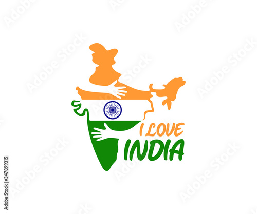 I love India, hands hug country India, logo design. Tourism, travel, leisure and journey, vector design and illustration