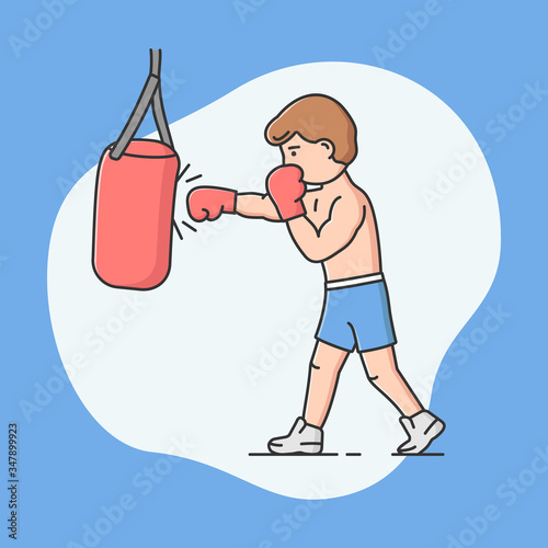 Professional Active Sport, Sports Competitions And Healthy Lifestyle Concept. Young Cheerful Boy Is Boxing. Male Charater Kicking Punching Bag. Cartoon Linear Outline Flat Style. Vector Illustration