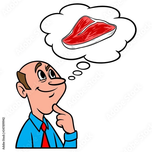 Thinking about Meat - A cartoon illustration of a man thinking about Meat.