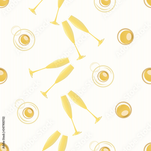Champagne bubbles vector seamless pattern background. Hand drawn glasses, fizzy drink gold white backdrop. Elegant sparkling wine repeat illustration All over print for party celebration concept