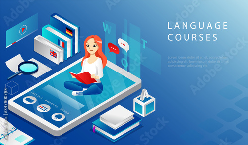 Isometric 3D Concept Of Online Remote Education Language Courses. Website Landing Page. Young Cheerful Girl Is Sitting on Big Smartphone And Reading Textbook. Web Page Cartoon Vector Illustration