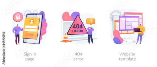 Website page interface abstract concept vector illustration set. Sign in page, 404 error, website template, user login form, UI, new account registration, landing page, web design abstract metaphor.