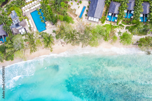 Seychelles beach Mahe island luxury vacation swimming pool sea symbolic photo drone view aerial photo
