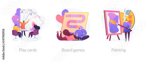Social isolation free time spending abstract concept vector illustration set. Play cards, board games, painting, home sitting activities, family fun idea, painter online course abstract metaphor.