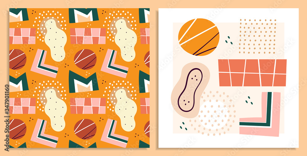 Abstract shapes, figures vector illustrations set. Circles and rectangles doodle color drawings collection. Abstraction, hand drawn seamless pattern geometric shapes pack isolated on background.