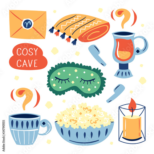 Set of different cute home lifestyle items. Cosy cave. Plaid, sleeping mask, tea cap, pop corn, candle, headphones, letter, glintwine. Card design. Flat colourful cartoon vector illustration, clipart.